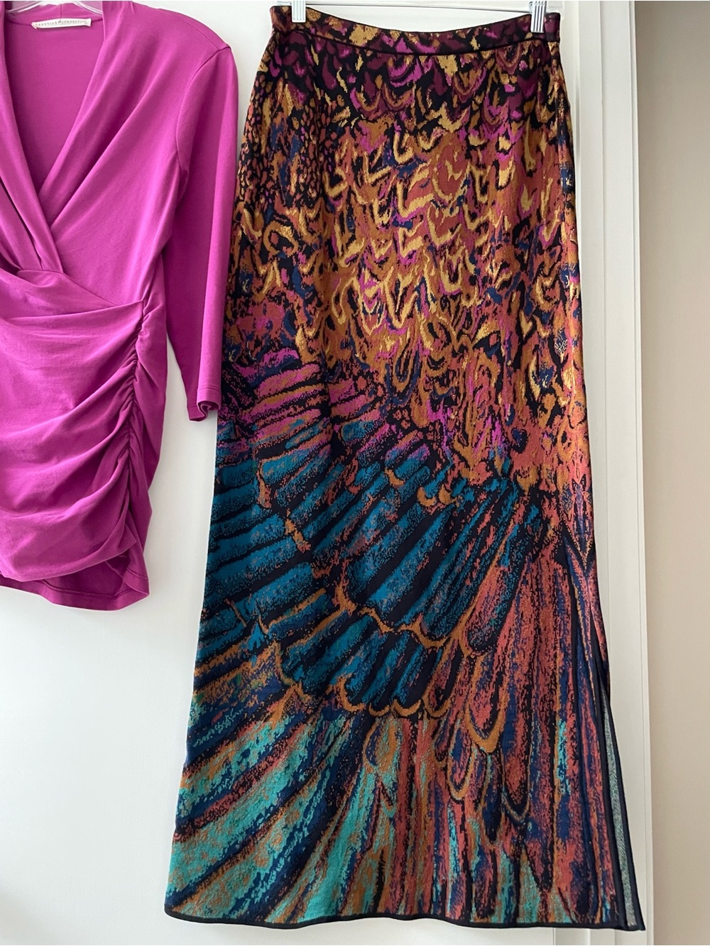 Peruvian Connection Pheasant Feather Pima Cotton Jacquard Knit Maxi Skirt M